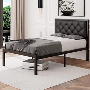 Feonase Twin Size Metal Bed Frame with Faux Leather Button Tufted Headboard, Heavy-Duty Platform Bed Frame with 12" Storage, Steel Slats Support, No Box Spring Needed, Noise Free, Black