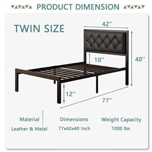 Feonase Twin Size Metal Bed Frame with Faux Leather Button Tufted Headboard, Heavy-Duty Platform Bed Frame with 12" Storage, Steel Slats Support, No Box Spring Needed, Noise Free, Black