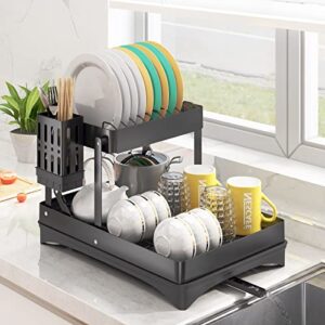 herjoy dish drying rack, collapsible dish rack for kitchen counter with drainboard set, stainless steel folding dish drainer organizer storage with utensil holder, black