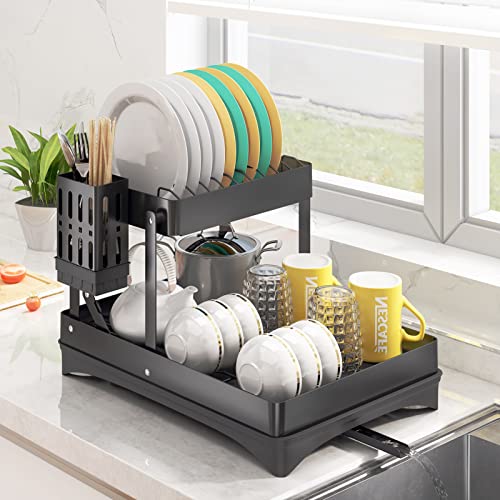 HERJOY Dish Drying Rack, Collapsible Dish Rack for Kitchen Counter with Drainboard Set, Stainless Steel Folding Dish Drainer Organizer Storage with Utensil Holder, Black