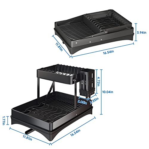 HERJOY Dish Drying Rack, Collapsible Dish Rack for Kitchen Counter with Drainboard Set, Stainless Steel Folding Dish Drainer Organizer Storage with Utensil Holder, Black