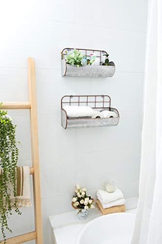 Dahey Farmhouse Galvanized Wall Basket Decor Bathroom Storage Bin Organizer Rustic Metal Wall Planter Wire Back Hanging Shelves for Bedroom Living Room Kitchen Apartment Entryway Laundry, Set of 2
