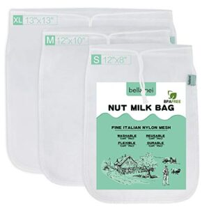 bellamei nut milk bag reusable 3 pack food strainer nut bags for almond/soy milk greek yogurt professional for cold brew coffee tea beer juice fine italian nylon mesh (3 pack-8″x12″/10″x12″/13″x13″)