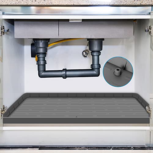 Under Sink Mat, 34" x 22" x 1" Silicone Under The Sink Mat for Kitchen Waterproof, Under Sink Drip Tray with Drain Hole for Cabinet Protector, Hold Up to 3 Gallons Liquid, Dark Gray