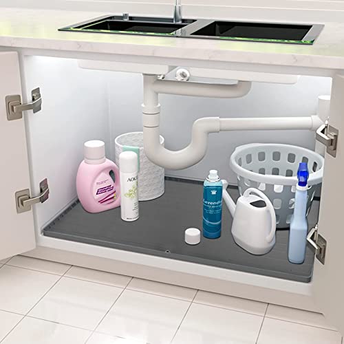 Under Sink Mat, 34" x 22" x 1" Silicone Under The Sink Mat for Kitchen Waterproof, Under Sink Drip Tray with Drain Hole for Cabinet Protector, Hold Up to 3 Gallons Liquid, Dark Gray