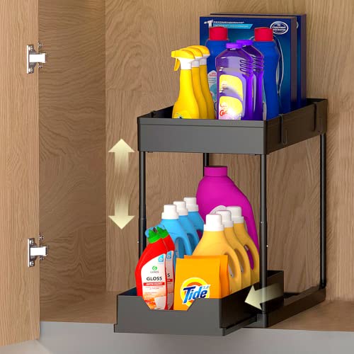 Yannimart Height Adjustable Under Sink Organizers and Storage for Bathroom and Kitchen Cabinet 2 Tier Under Sink Organizer with One Sliding as Home Kitchen Organization and Kitchen Must Haves