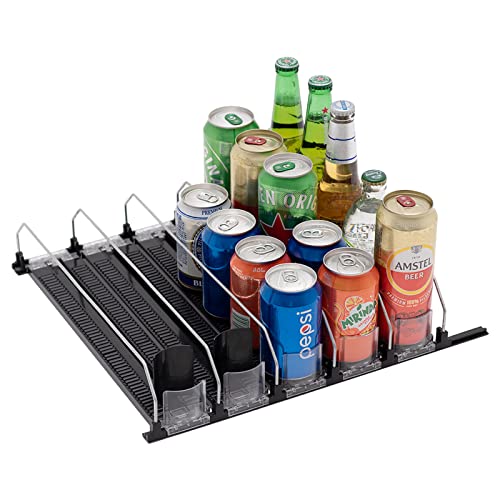 Soda Can Drink Organizer for Fridge, Self Pushing Drink Organizer for Refrigerator Width Adjustable Beverage Pusher Glide Beer Pop Can Water Bottle Storage for Pantry, Kitchen-Black, 5 Row