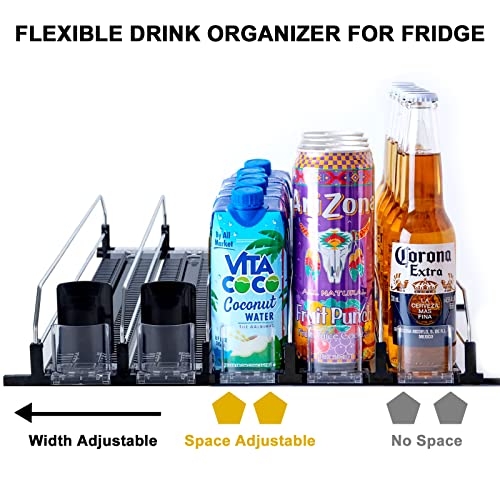 Soda Can Drink Organizer for Fridge, Self Pushing Drink Organizer for Refrigerator Width Adjustable Beverage Pusher Glide Beer Pop Can Water Bottle Storage for Pantry, Kitchen-Black, 5 Row