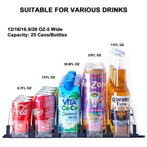 Soda Can Drink Organizer for Fridge, Self Pushing Drink Organizer for Refrigerator Width Adjustable Beverage Pusher Glide Beer Pop Can Water Bottle Storage for Pantry, Kitchen-Black, 5 Row