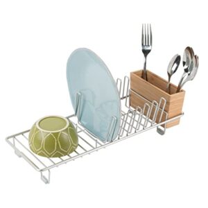 mdesign compact modern kitchen countertop, sink dish drying rack, removable cutlery tray – drain and dry wine glasses, bowls and dishes – metal wire drainer in satin with natural bamboo caddy