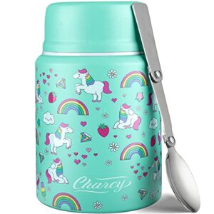 charcy 17 ounce kids thermos for hot food – soup thermos with folding spoon – insulated food jar for hot & cold food – green horse