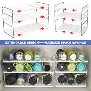 Vibrille Expandable Water Bottle Organizer for Cabinet - Height Adjustable 3-Shelf Water Bottle Storage Holder Rack for Kitchen Organization, White