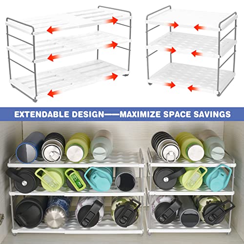 Vibrille Expandable Water Bottle Organizer for Cabinet - Height Adjustable 3-Shelf Water Bottle Storage Holder Rack for Kitchen Organization, White