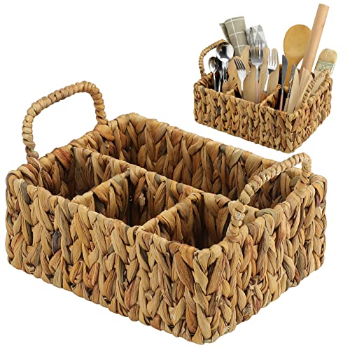 Wicker Flatware Storage Basket Utensil Caddy Hand Woven Divided Cutlery Holder Kitchen Utensil Organizer Water Hyacinth Silverware Organizer with Handle for Countertop Party, 10 x 7.9 x 3.9 Inch