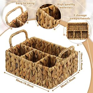 Wicker Flatware Storage Basket Utensil Caddy Hand Woven Divided Cutlery Holder Kitchen Utensil Organizer Water Hyacinth Silverware Organizer with Handle for Countertop Party, 10 x 7.9 x 3.9 Inch