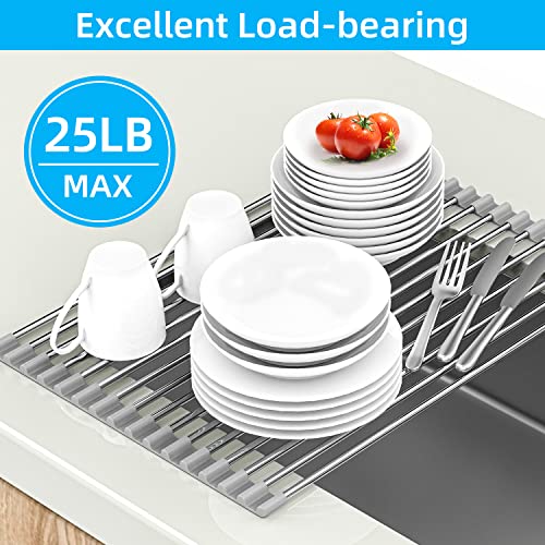 VMVN Dish Drying Rack,Over The Sink Dish Drying Rack,Dish Racks for Kitchen Counter,Roll Up Sink Drying Rack,17.5"x12.2"Stainless Steel Dish Drainers,Kitchen Sink Accessories