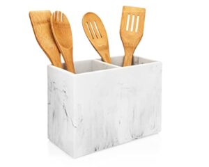 essentra home white marble kitchen utensil holder for countertop, rectangular utensil crock with two compartments.
