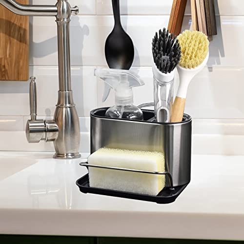 TEANXU Stainless Steel Sink Caddy Sponge Holder Organizer Tidy Drains Water Dish Brush Holder for Kitchen Counter