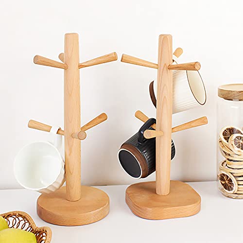 GOJAKO 12" Wooden Mug Holder Tree with 6 Hooks Wood Cup Rack Tea Coffee Bar Organizer Accessories Mug Hanger Stands for Kitchen Counter and Display Dinnerware Storage and Dry (Square Bottom)