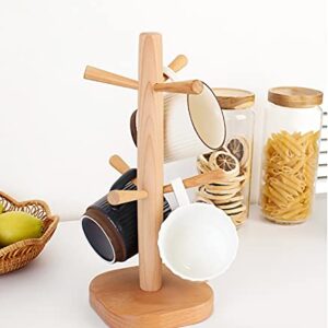 GOJAKO 12" Wooden Mug Holder Tree with 6 Hooks Wood Cup Rack Tea Coffee Bar Organizer Accessories Mug Hanger Stands for Kitchen Counter and Display Dinnerware Storage and Dry (Square Bottom)