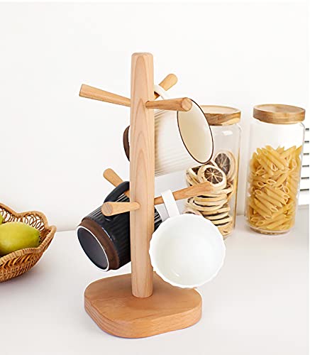 GOJAKO 12" Wooden Mug Holder Tree with 6 Hooks Wood Cup Rack Tea Coffee Bar Organizer Accessories Mug Hanger Stands for Kitchen Counter and Display Dinnerware Storage and Dry (Square Bottom)