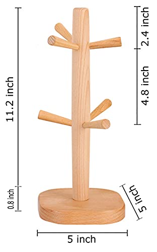 GOJAKO 12" Wooden Mug Holder Tree with 6 Hooks Wood Cup Rack Tea Coffee Bar Organizer Accessories Mug Hanger Stands for Kitchen Counter and Display Dinnerware Storage and Dry (Square Bottom)