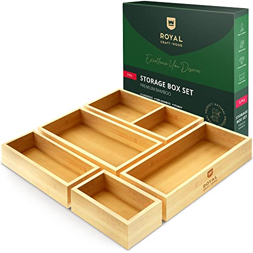 ROYAL CRAFT WOOD Luxury Bamboo Drawer Organizer Storage Box, Bin Set - Multi-Use Drawer Organizer for Kitchen, Bathroom, Office Desk, Makeup, Jewelry (5 Boxes)