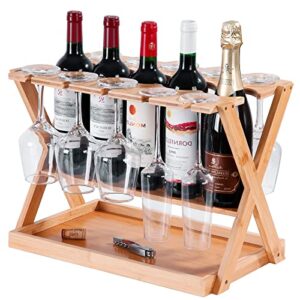 ollieroo countertop wine rack with glass holder, freestanding tabletop small wine rack with cork tray, hold 5 wine bottles 10 glasses, bamboo wobble-free bottle holder for kitchen bar counter cabinets