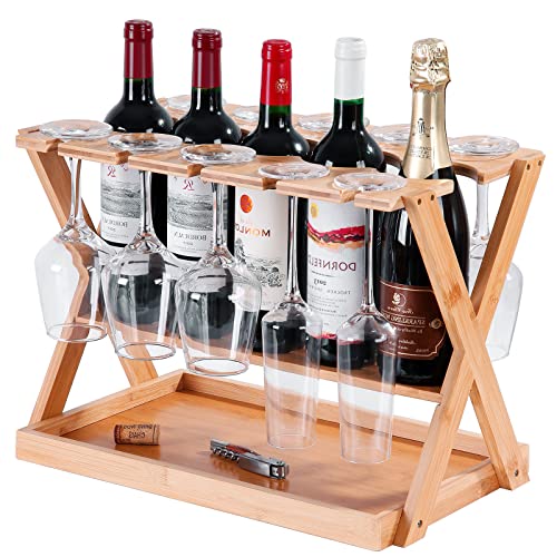 Ollieroo Countertop Wine Rack with Glass Holder, Freestanding Tabletop Small Wine Rack with Cork Tray, Hold 5 Wine Bottles 10 Glasses, Bamboo Wobble-Free Bottle Holder for Kitchen Bar Counter Cabinets