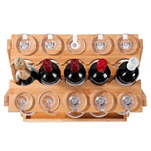Ollieroo Countertop Wine Rack with Glass Holder, Freestanding Tabletop Small Wine Rack with Cork Tray, Hold 5 Wine Bottles 10 Glasses, Bamboo Wobble-Free Bottle Holder for Kitchen Bar Counter Cabinets