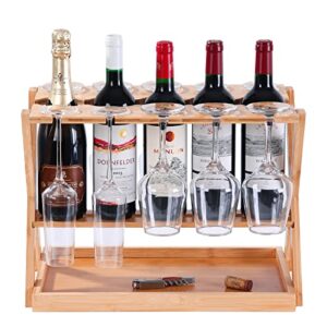 Ollieroo Countertop Wine Rack with Glass Holder, Freestanding Tabletop Small Wine Rack with Cork Tray, Hold 5 Wine Bottles 10 Glasses, Bamboo Wobble-Free Bottle Holder for Kitchen Bar Counter Cabinets