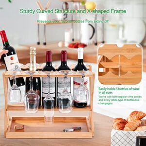 Ollieroo Countertop Wine Rack with Glass Holder, Freestanding Tabletop Small Wine Rack with Cork Tray, Hold 5 Wine Bottles 10 Glasses, Bamboo Wobble-Free Bottle Holder for Kitchen Bar Counter Cabinets