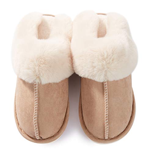 Donpapa Womens Slipper Memory Foam Fluffy Soft Warm Slip On House Slippers,Anti-Skid Cozy Plush for Indoor Outdoor Tan 7-8