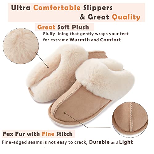 Donpapa Womens Slipper Memory Foam Fluffy Soft Warm Slip On House Slippers,Anti-Skid Cozy Plush for Indoor Outdoor Tan 7-8