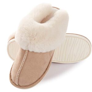 Donpapa Womens Slipper Memory Foam Fluffy Soft Warm Slip On House Slippers,Anti-Skid Cozy Plush for Indoor Outdoor Tan 7-8