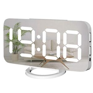 miowachi digital alarm clock,large mirrored led clock,snooze,dim night light 2 usb charger ports desk alarm clocks for bedroom decor (white)