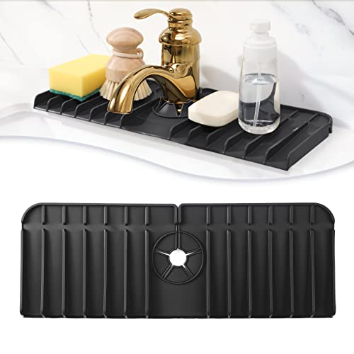 Nuovoware Silicone Sink Facucet Mat, Sink Self-Draining Pad Behind Faucet Anti-Slip Vertical Stripes Reusable Silicone Faucet Mat Pad Sink Drying Mat for Kitchen Sink Splash Guard, Black