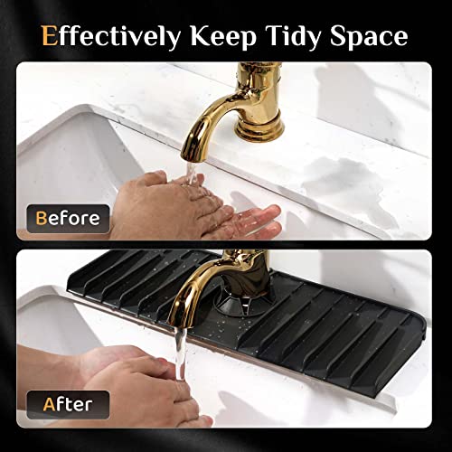 Nuovoware Silicone Sink Facucet Mat, Sink Self-Draining Pad Behind Faucet Anti-Slip Vertical Stripes Reusable Silicone Faucet Mat Pad Sink Drying Mat for Kitchen Sink Splash Guard, Black