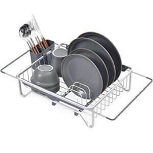 toolf expandable dish rack, aluminum over the sink rack adjustable dish rack in sink or on counter dish drainer with utensil holder rustproof for kitchen