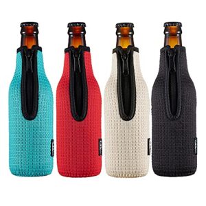 beer bottle sleeve insulators 12oz 330ml standard beer bottle cooler covers zip-up bottle jacket 12oz beer bottle holder non-slip thick neoprene sleeves 4pc pack (black/red/blue/grey)