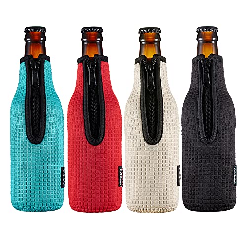 Beer Bottle Sleeve Insulators 12oz 330ml Standard Beer Bottle Cooler Covers Zip-up Bottle Jacket 12OZ Beer Bottle Holder Non-slip Thick Neoprene Sleeves 4PC Pack (Black/Red/Blue/Grey)