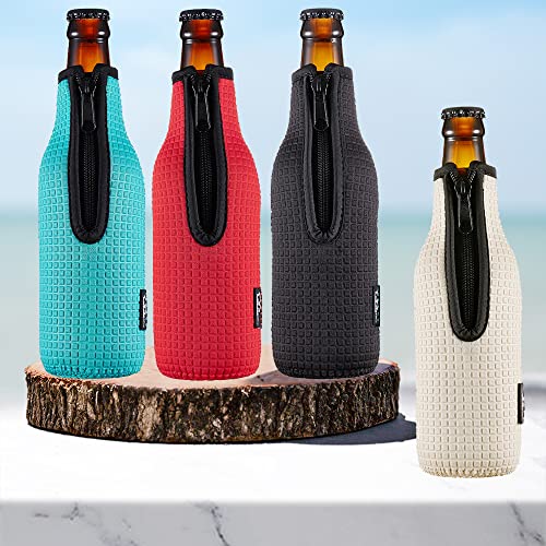 Beer Bottle Sleeve Insulators 12oz 330ml Standard Beer Bottle Cooler Covers Zip-up Bottle Jacket 12OZ Beer Bottle Holder Non-slip Thick Neoprene Sleeves 4PC Pack (Black/Red/Blue/Grey)