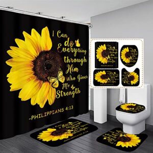 azhm sunflower shower curtain sets 4 piece quotes butterfly bathroom decor sets with rugs include waterproof shower curtain non-slip rug toilet lid cover bath mat and 12 plastic hooks
