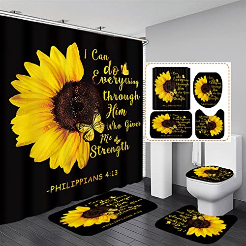 AZHM Sunflower Shower Curtain Sets 4 Piece Quotes Butterfly Bathroom Decor Sets with Rugs Include Waterproof Shower Curtain Non-Slip Rug Toilet Lid Cover Bath Mat and 12 Plastic Hooks