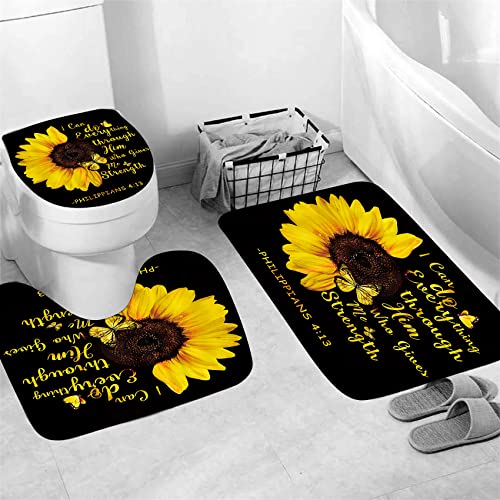 AZHM Sunflower Shower Curtain Sets 4 Piece Quotes Butterfly Bathroom Decor Sets with Rugs Include Waterproof Shower Curtain Non-Slip Rug Toilet Lid Cover Bath Mat and 12 Plastic Hooks