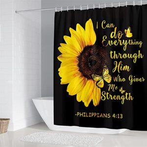 AZHM Sunflower Shower Curtain Sets 4 Piece Quotes Butterfly Bathroom Decor Sets with Rugs Include Waterproof Shower Curtain Non-Slip Rug Toilet Lid Cover Bath Mat and 12 Plastic Hooks