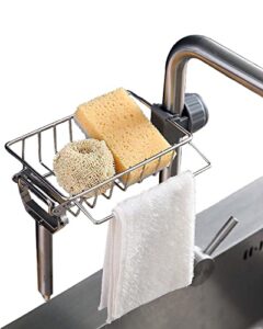 enhydra 3 in 1 sponge holder for kitchen sink, sink area saving faucet rack stainless steel sink caddy, dish rag hanging