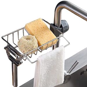 Enhydra 3 in 1 Sponge Holder for Kitchen Sink, Sink Area Saving Faucet Rack Stainless Steel Sink Caddy, Dish Rag Hanging