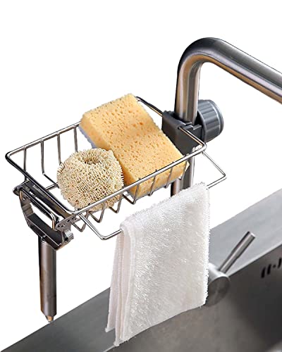 Enhydra 3 in 1 Sponge Holder for Kitchen Sink, Sink Area Saving Faucet Rack Stainless Steel Sink Caddy, Dish Rag Hanging