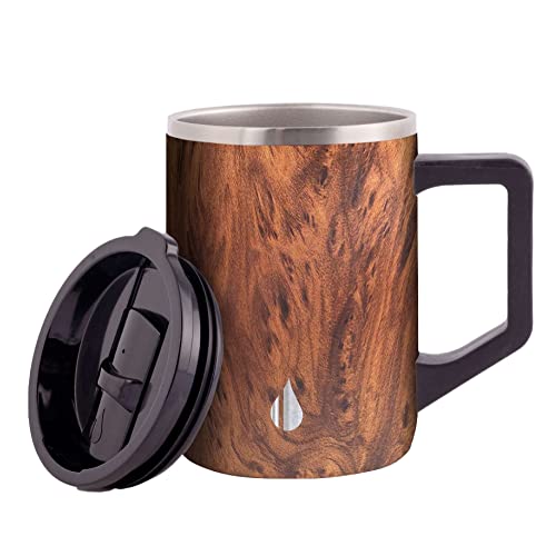 Elemental Summit Coffee Mug with Lid & Handle, Insulated Camp Mug, Triple Wall Stainless Steel Mug with Copper Lining, Hot and Cold Coffee Tumbler up to 6 Hours Hot and 18 Hour Cold, 16oz - Teakwood